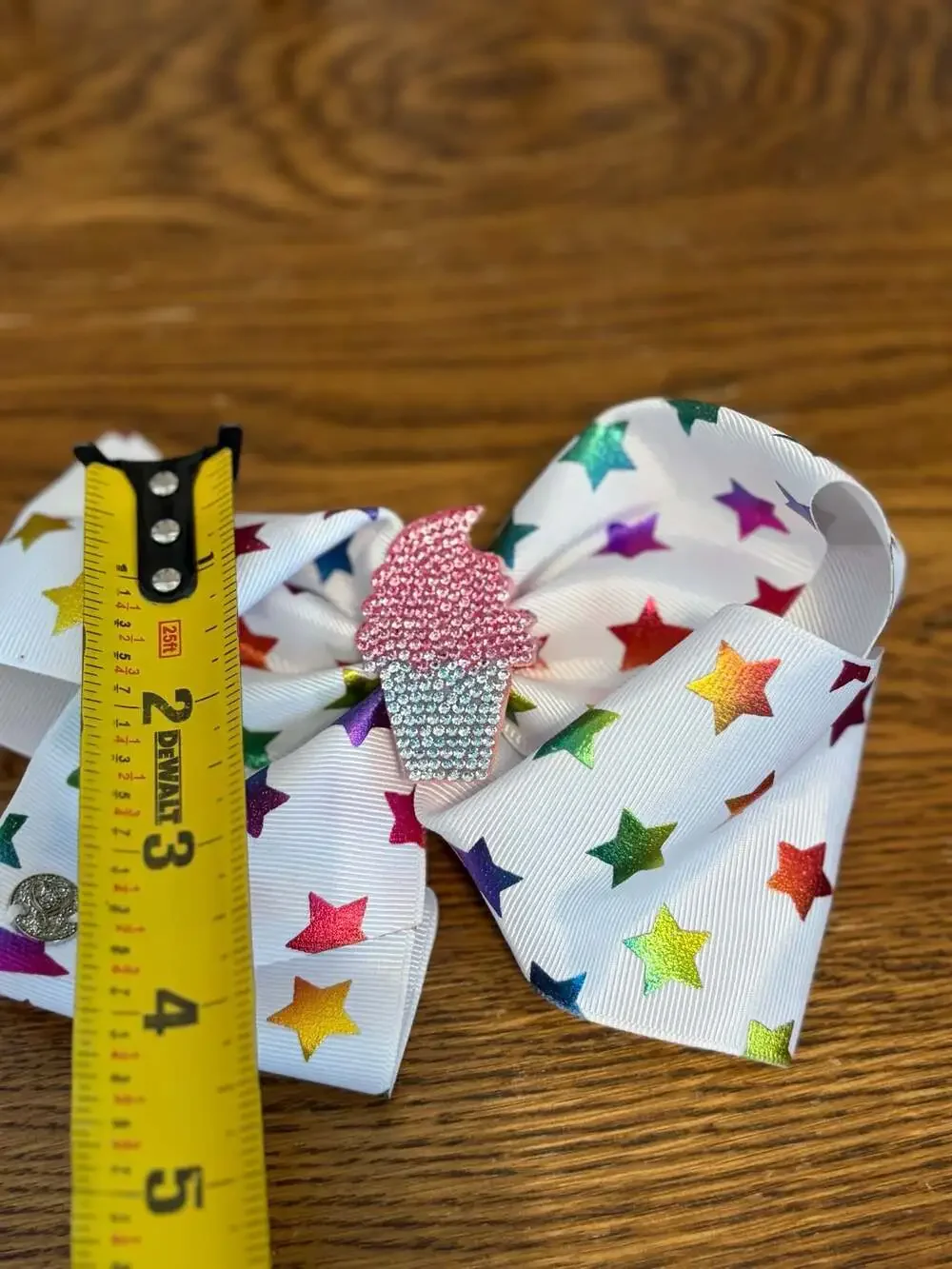 JoJo Siwa White Rainbow Stars Grosgrain Hair Bow with Rhinestone Cupcake Center